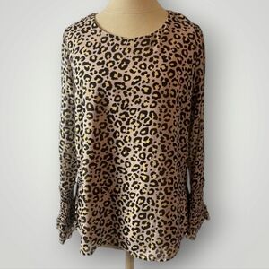 Nanette Lepore Top Womens‎ L Leopard Print Smocked Sleeves Round Neckline